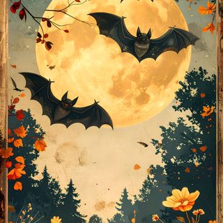 bats flying in front of a full moon with flowers on the ground and trees around Halloween Bats Moon sienna