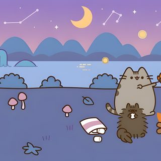 two cats are sitting around a campfire Desktop Pusheen Halloween Pusheen Pc, Pusheen Landscape, Pusheen Forest, Pusheen Camping, light slate gray