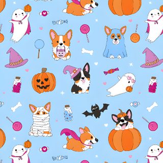 a blue background with dogs and pumpkins Halloween Corgi Pattern Pumpkin And Dog Pattern Design, Pumpkin With Dog Illustration, Halloween Dog, pale turquoise