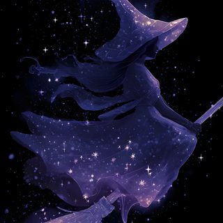 a witch flying through the night sky with her broom in her hand and stars all around Halloween Purple Witch Hedge Witchery, Witch, Minimal Background, Witch Pictures, Witch Queen, black