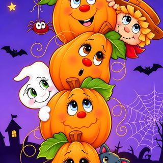 a group of pumpkins sitting on top of each other in front of a full moon Cartoon Halloween dim gray