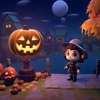 an animated halloween scene with pumpkins and jack - o'- lanterns in the background Acnh Halloween Pumpkin Spice Season, Pc, Animal Crossing, Halloween, Animals, dark slate gray