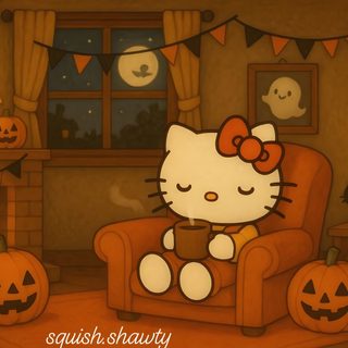 a hello kitty sitting in a chair next to pumpkins Hello Kitty Halloween Ipad For Computer Fall, Hello Kitty Fall Ipad, Halloween Tablet, saddle brown