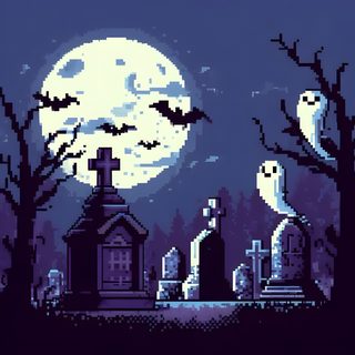 an old graveyard with tombstones and graves in front of a full moon 8 Bit Halloween Halloween Decoration Ideas, Halloween Pixel Art, Nighttime Spooky Scene, dark slate blue