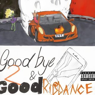 an orange sports car driving down a street next to a sign that says good bye and ridancee Halloween Juice Wrld Album Covers Juice Wrld, Frank Ocean Car Drawing, Juice Wrld Car Art, silver