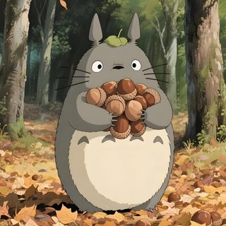 the cartoon totoro is holding nuts in front of some trees and fallen leaves Totoro Halloween Cartoon Fall Trees, Autumn Totoro, Autumn Ghibli, Fall Studio Ghibli, dim gray