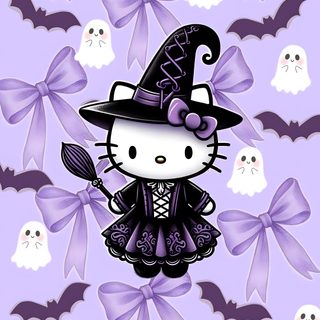 a hello kitty halloween wallpaper with bats and ghostes in the background, as well as an image of a cat wearing a witches hat Purple Hello Kitty Halloween Halloween Gif, Pretty Brunette, Sanrio, Iphone Girly, Halloween, lavender