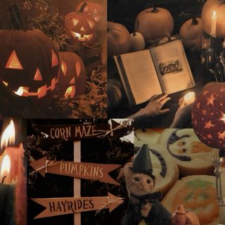 halloween themed collage with candles, pumpkins and other things in the background on display Halloween Collage Fall Aesthetic Vintage Laptop, For Computer Fall, Summerween Laptop, saddle brown