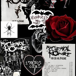 a bunch of stickers that are on the side of a sheet of black paper Mcr Halloween Mcr Halloween, My Chemical Romance, Three Cheers For Sweet Revenge, Mcr Aesthetic, black