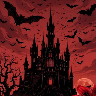 a castle with bats and roses in the foreground, on a dark red background Halloween Vampire Halloween Image, Ravenloft Art, Gothic Castle, Horror Tattoo, Dark And Twisted, maroon