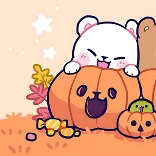 two cats sitting on top of pumpkins in the ground with other items around them Milk And Mocha Halloween Halloween Profile Pics, Milk & Mocha, Best Friend Match, Fairy, light salmon