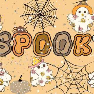 the word spooky is surrounded by cute ghostes and pumpkins on a yellow background Cute Halloween For Chromebook Fall Chromebook, Fall Chromebook Backgrounds, Halloween Chromebook, khaki