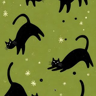 black cats on green background with snowflakes and stars in the sky, all looking at each other Cute Retro Style Halloween Black Cats Fondos De Pantalla Para Ipad, Phone Patterns, Cute Patterns, olive drab