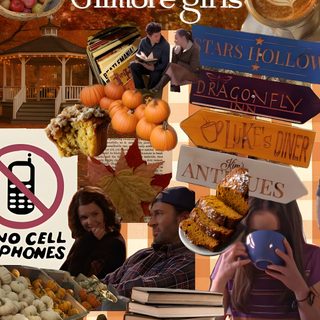 collage of various images including oranges, books, and other things in the background Gilmore Girls Halloween Dragonfly Inn, Gilmore Girls Dragonfly Inn, I Will Rise, Stars Hollow, saddle brown