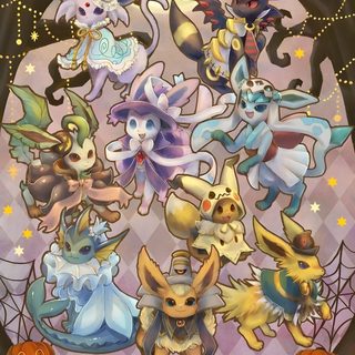 a group of pokemons with pumpkins and bats Eevee Evolutions Halloween Eevee Halloween Art, Eevee Lutions, Sylveon Halloween, rosy brown