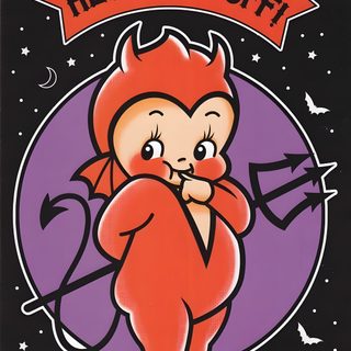 an image of a cartoon devil with the words hey hot stuff on it's chest Kewpie Halloween Kewpie Doll Devil, Kewpie Halloween, Kewpie Devil Drawing, Devil Kewpie, dark slate gray