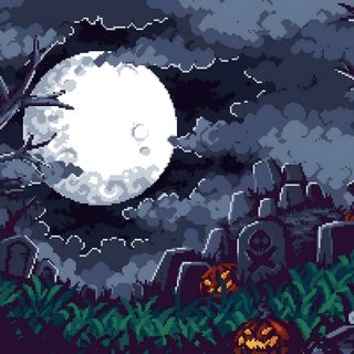 a cross stitch halloween scene with pumpkins and tombstones 8 Bit Halloween Pixel Art Games, Halloween Vector, Halloween Backgrounds, Halloween, Game Art, dark slate gray
