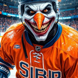 an image of a hockey player in the snow with his face painted like a clown Hockey Halloween The Man, dark olive green