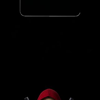 a man in a red hoodie with two swords on his head and an empty sign above him Juvea Halloween 4k Money Heist Poster, Money Heist Aesthetic, Money Heist Painting, Money Heist 4k, black