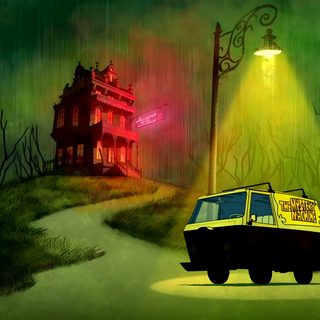 a van parked on the side of a road in front of a house with a light coming from it Scooby Doo Halloween Desktop Fantasy Landscape, Scooby Doo Pictures, Background Scooby Doo Background, dark olive green