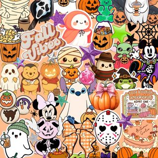 a large collection of halloween stickers on an orange background Aesthetic Cute Disney Halloween burlywood
