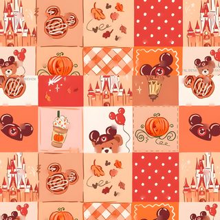 an orange and red checkered pattern with mickey mouses, pumpkins and other items Halloween Disney light salmon