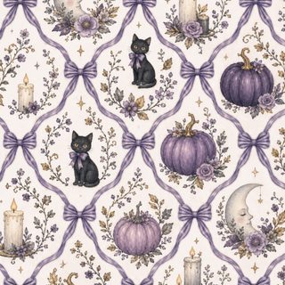 a purple and white wallpaper with pumpkins, candles, and cats on it Boho Halloween On Light Purple gainsboro