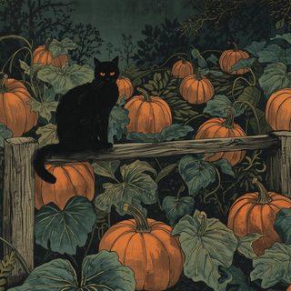 a black cat sitting on a fence surrounded by pumpkins Halloween Cat For Walls Spooky Autumn Desktop, Cottagecore Halloween Aesthetic, Halloween Themes, dark slate gray