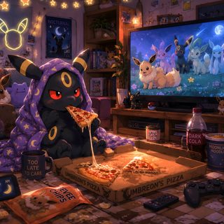 a cartoon character eating pizza in front of a tv with pokemon characters on the screen Umbreon Halloween 1920x1080 Laptop, Pokemon For Laptop, Pokemon Landscape, Pokemon Binder, dark slate gray
