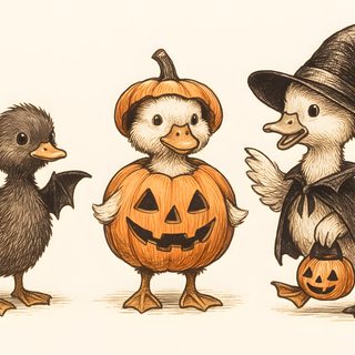 three ducks dressed up as witches and one is holding a jack - o'- lantern Halloween Ducks Halloween Cute Drawings, Spooky Animals, Animal In Ghost Costume Drawing, old lace