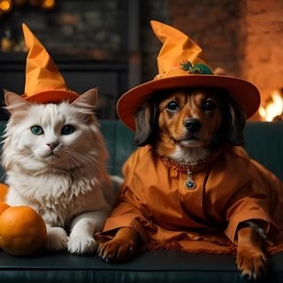 two cats and a dog dressed up as witches sitting on a couch with oranges Cute Dog And Cat Halloween Halloween Pets, Cat And Dog Halloween, Halloween Pet Background, dark slate gray