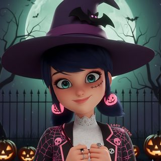 a cartoon girl wearing a witches hat with her hands in her pockets and looking at the camera Miraculous Ladybug Halloween Halloween Miraculous, Marinette And Adrien, Miraculous Ladybug Movie, dark slate gray