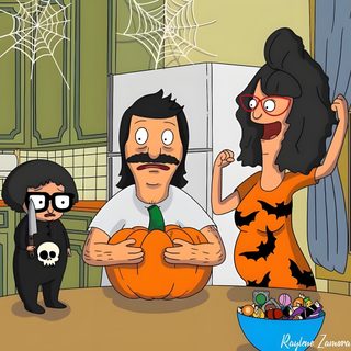 the family is dressed up for halloween in their kitchen with pumpkins on the table Bobs Burger Halloween Bobs Burgers Thanksgiving, Bob's Burgers, Bob Burgers Halloween, peru