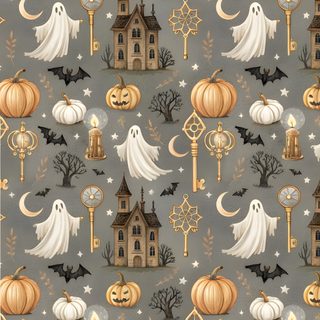 a halloween themed wallpaper with lots of pumpkins and ghost decorations on it's side Halloween For Walls Cute Backgrounds Halloween, Floating Ghosts, Halloween Charms, Gothic Halloween, gray
