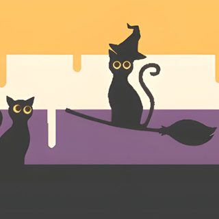 two black cats sitting on top of a purple and yellow striped wall next to each other Nonbinary Halloween Aroace Halloween Flag, Halloween Pan Flag, Agender Halloween Flag, dim gray