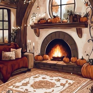 a living room filled with furniture and a fire place covered in lots of pumpkins Halloween Fireplace Cozy Desktop Background, Fall Cozy, Cosy Autumn Home, Autumn Cottage, sienna