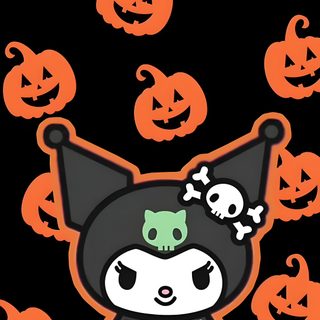 an image of a cat with pumpkins on it's head and skeleton in the background Kuromi Halloween Iphone Halloween Cute Kuromi Halloween, Cute Kuromi Halloween, Halloween Kuromi Aesthetic, black