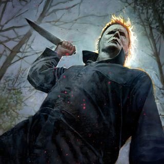 a painting of a man holding a knife in the woods with blood all over his face Halloween Resurrection Michael Myers Iphone 4k, Jason Voorhees Animated, Michael Myers Scary, dark slate gray