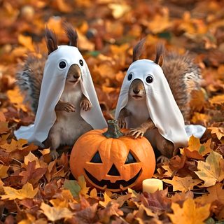 two squirrels dressed up as rabbits with jack - o'- lantern pumpkins Squirrel Halloween Happy Birthday Squirrel, Funny Animals With Captions, Funny Squirrel Pictures, sienna
