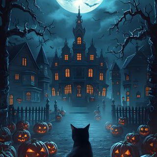 a black cat sitting in front of pumpkins at night Halloween Fantasy dark slate gray