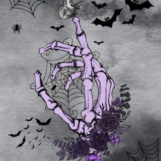 a drawing of a hand reaching for a spider with purple flowers and bats in the background Halloween Skeleton Hand Purple News Design, Design, gray