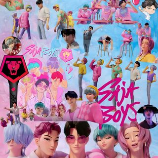 an image of some people with pink hair and blue eyes in front of a poster Saja Boys Halloween 4 Town, Saja Boys Kpop Demon Hunter, Saja Boys Kpop Demon Hunters, dark gray