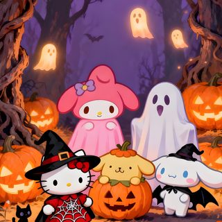 hello kitty halloween wallpaper with pumpkins, ghost and cats in the woods at night Sanrio Halloween Halloween Kitty, Sanrio Halloween Iphone, Sanrio Halloween, dark olive green