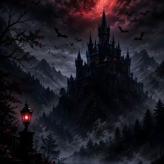 a castle in the night with bats flying over it Halloween Vampire black