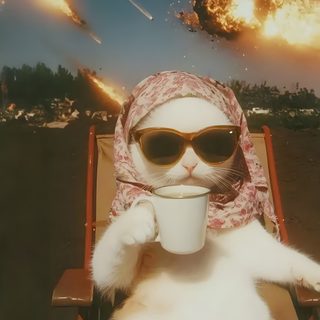 a white cat wearing sunglasses and a scarf drinking from a coffee cup while sitting in a lawn chair Funny Halloween Computer Backgrounds Aesthetic Desktop, Backgrounds Notebook, Funny Horizontal, dark olive green