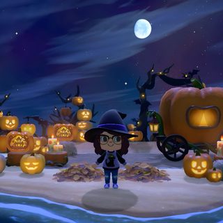 an animated halloween scene with pumpkins on the ground and a person standing in front of them Acnh Halloween Acnh Halloween Beach Ideas, Halloween Ideas Animal Crossing, Animal Crossing Halloween Ideas, dark slate gray