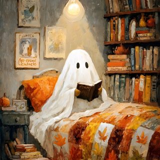 a painting of a ghost reading a book in a bed room with bookshelves Halloween Reading Ghost Themed Book Art, Cozy Spooky Aesthetic, Cozy Autumn Painting Ideas, sienna