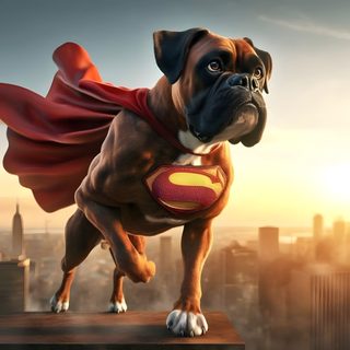 a dog dressed as a superman standing on top of a building with the city in the background Halloween Boxer Dog Boxer Police Dog, Buff Boxer Dog, Boxer Dog Cartoon, Funny Boxer Pictures, dim gray