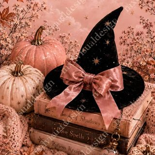 a painting of a witch's hat, books and pumpkins on a blanket Rose Gold Girly Cute Halloween indian red