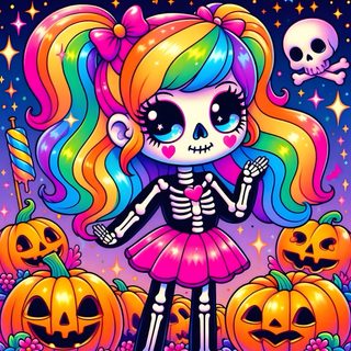 a girl with colorful hair and skull makeup standing in front of pumpkins on the ground Lisa Frank Halloween Lisa Frank Pokemon, Lisa Frank Pink, Lisa Frank Angel, Lisa Frank Aliens, indian red